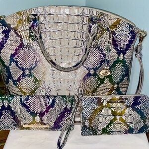 Brahmin Multicolor Snake Print Shoulder Bag With Wallet And Wristlet. 3 Pieces!